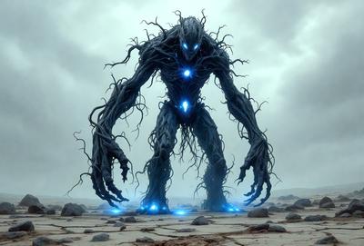 The primary subject of the image is a large, dark, and twisted tree with blue light emanating from its branches. The tree appears to be a creature or a monster, standing on a rocky surface. The setting is a rocky, barren landscape, which adds to the overall mood of the image. The visual style is a combination of digital art and illustration, creating a unique and captivating scene.